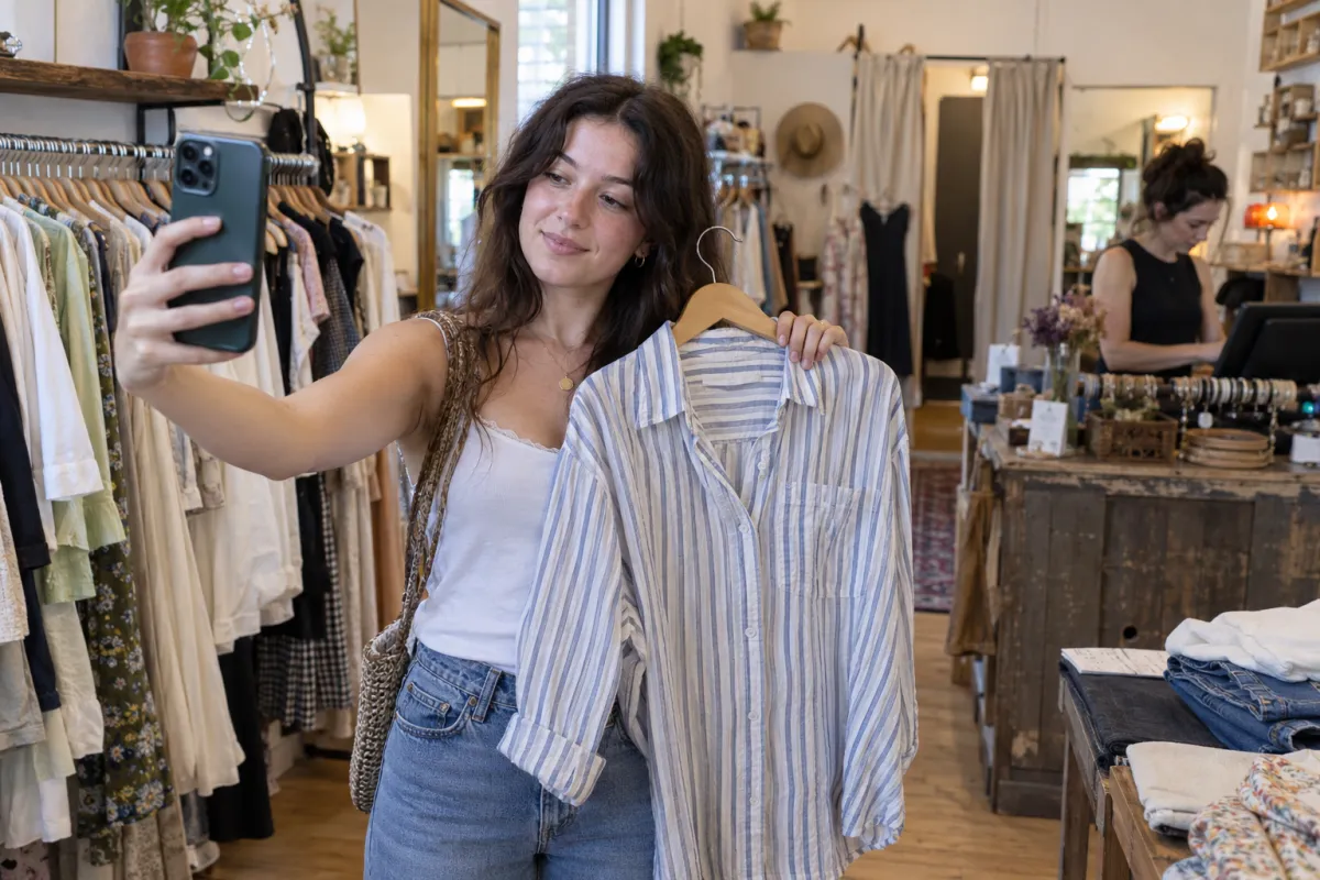 A local creator filming herself with a shirt in a small clothing store